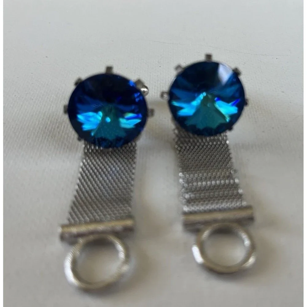 Dante Cufflinks Blue Rivoli Rhinestones Mesh Wrap Design Vintage